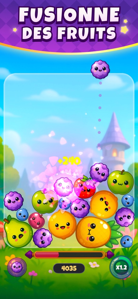 Capture officielle de Magic Fruit Merge : des fruits colorés fusionnent dans un univers magique.