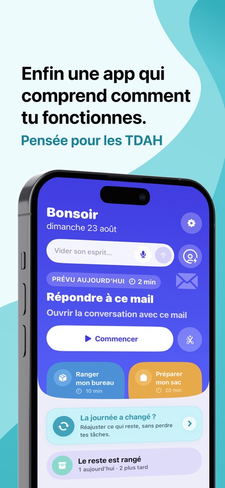 Capture officielle de minoli : une prochaine action, un bouton Commencer et des tâches organisées pour la journée.